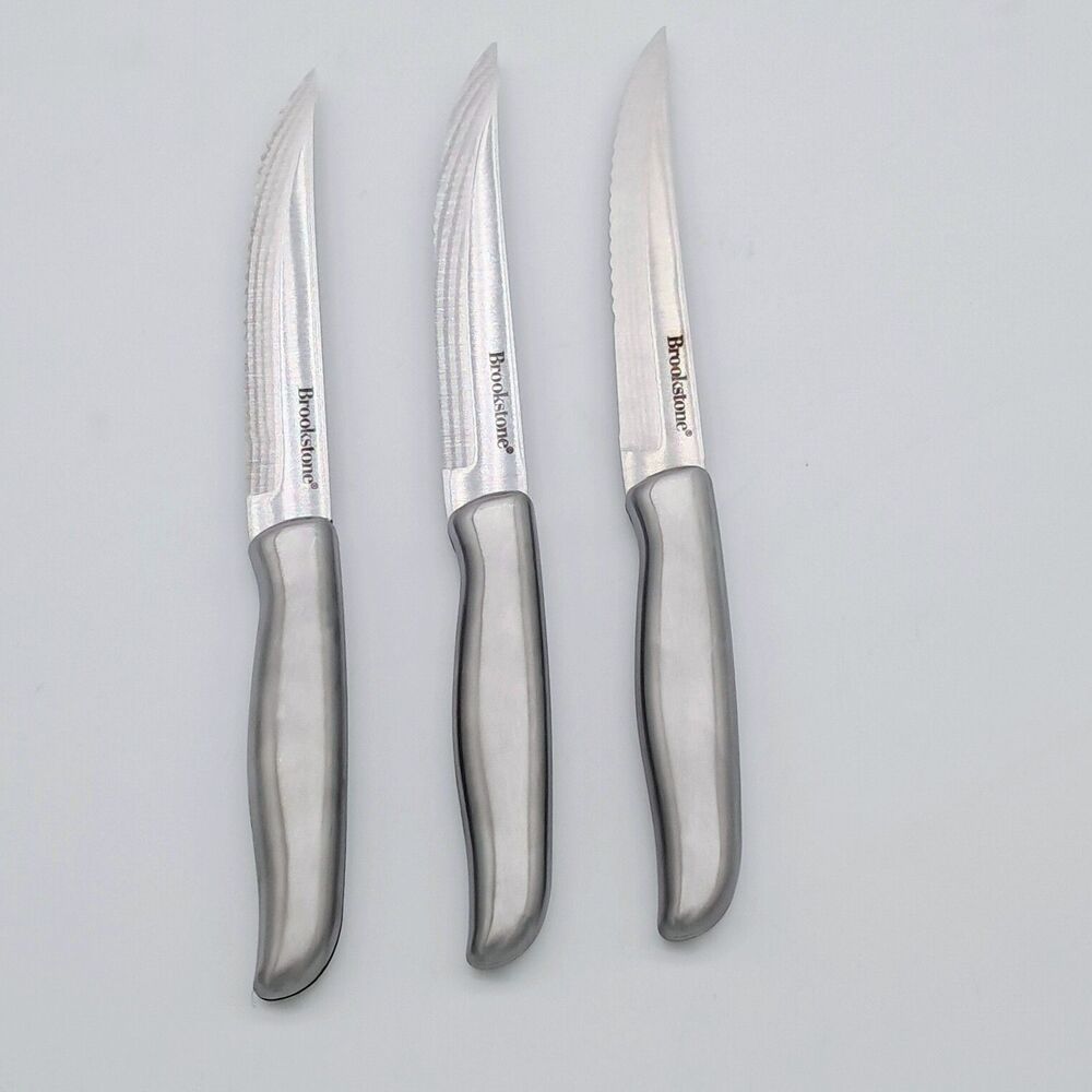 Brookstone 9" Stainless Steel Serrated Steak Knife Set Of Three Modern All-Metal